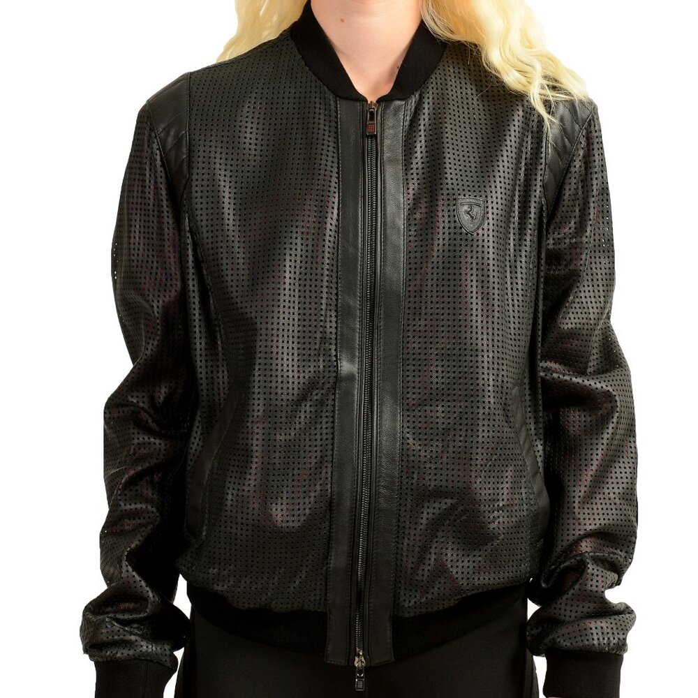 Scuderia Ferrari Women's Black Perforated Leather Bomber Jacket US XL IT 46